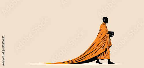 Minimalist Silhouette of a Walking Buddhist Monk
