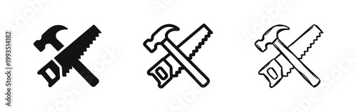 Hammer and Hand Saw Tools Icon Set in Solid, Outline, and Sketch Style