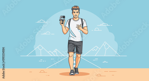 Young man vlogging with action camera on a scenic road trip with mountains and clouds