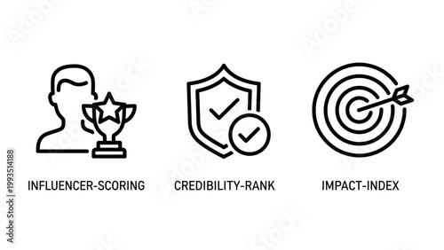 Business performance and credibility analytics icon set with influencer credibility business analytics performance achievement checkmark strategy reputation marketing measurement evaluation
