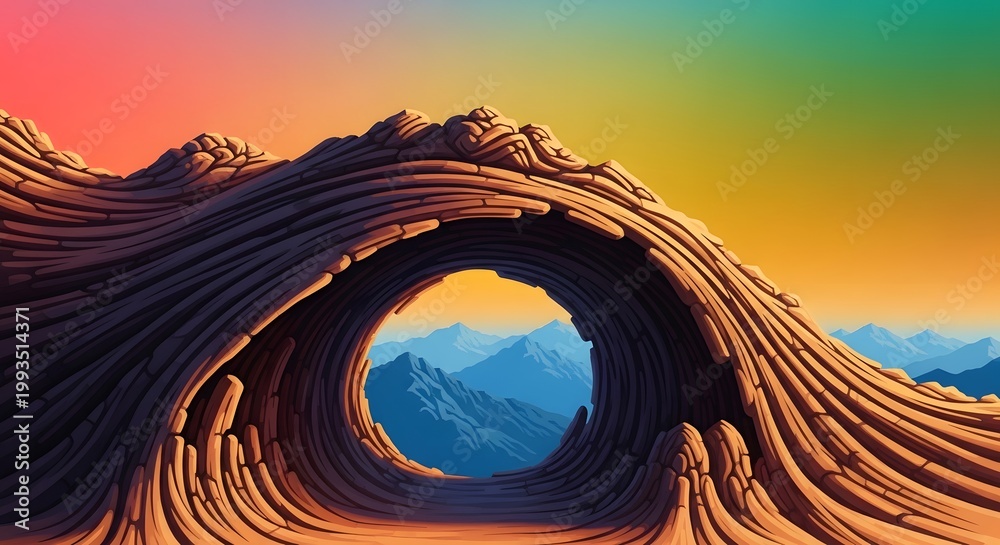 Fototapeta premium Swirling organic rock tunnel leading to mountain peaks. Abstract geology and portal to nature. Curved stone formation opening to a scenic alpine vista