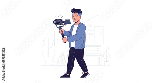 Young man walking with professional camera stabilizer and video camera outdoors