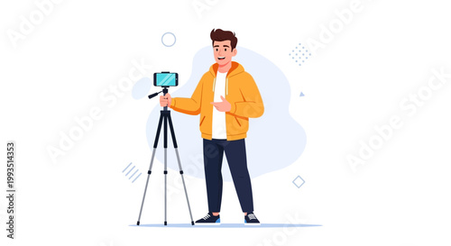 Young man vlogging with smartphone on tripod, influencer recording content
