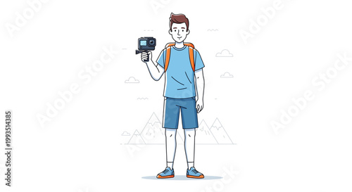 Young man with backpack and action camera, hiking in mountains, vlogging