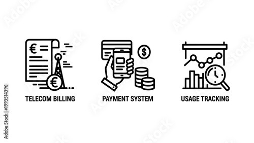 Corporate finance and operational metrics icons featuring telecom billing payment system and usage tracking accounting business expenditure analysis monetary transaction currency