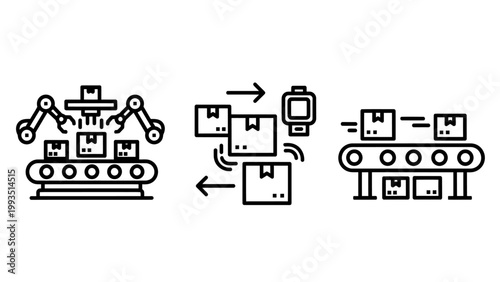 Industrial automation logistics and warehouse supply chain operations icon set with logistics automation warehouse conveyor robotics packaging industry manufacturing production delivery