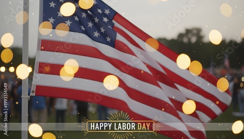 Patriotic American Flag Waving in Outdoor Setting with Happy Labor Day Overlay
