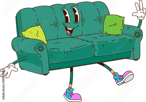 Cartoon groovy sofa furniture character with big smile wearing vintage sneakers. Isolated vector couch home appliance retro personage with green upholstery and cozy pillows making a peace gesture