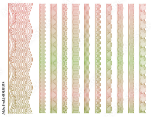 Watermark security guilloche border frames, money currency security line ornament and dividers pattern for certificate, diploma, voucher, ticket and official documents. Vector set of seamless trims