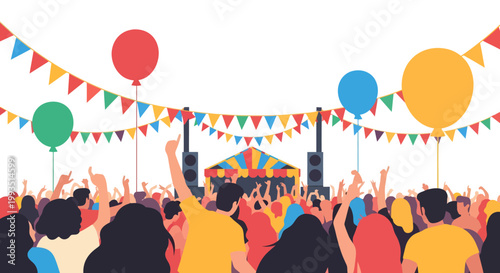 Vibrant festival crowd celebrating with balloons and bunting