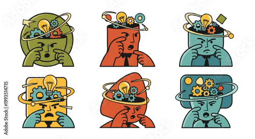 Conceptual illustration of human heads with gears and light bulbs