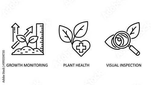 Set of agricultural monitoring and plant care line icons with agriculture monitoring inspection measurement magnifying wellness cultivation development analysis agronomy research gardening