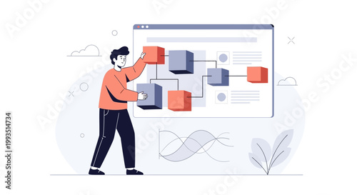 Man organizing blocks on a digital interface, representing workflow and strategy