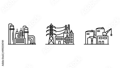 Industrial infrastructure and energy production facilities icons with industrial infrastructure construction manufacturing production buildings engineering technology development facility