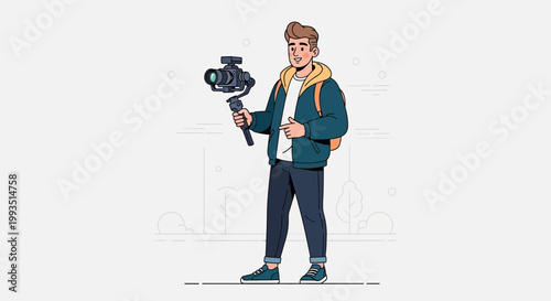 Young man with camera stabilizer and backpack filming outdoors