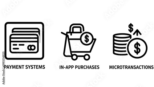 Payment systems in-app purchases and microtransactions financial icons in app with purchases microtransactions transaction shopping commerce technology business checkout transfer financial