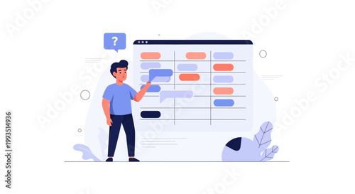 Man Planning Project Timeline on Digital Board, Question Mark Icon