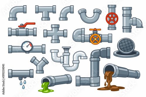 Cartoon Plumbing and Sewage System Elements Set with Water Pipes, Valves, Connections, Pressure Gauges, and Industrial Drainage Components for Construction and Repair Vector Illustration