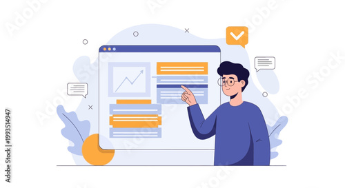 Man pointing at a digital dashboard with analytics and charts, business concept