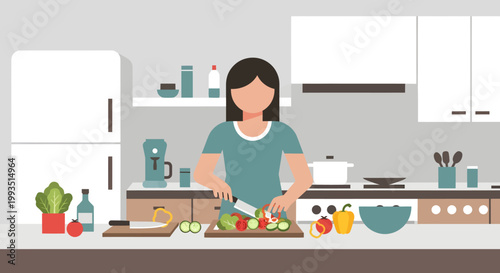 Woman chopping vegetables on kitchen countertop with modern appliances