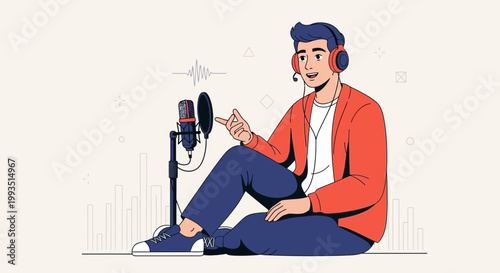 Young man with headphones recording audio with a microphone, podcasting or voiceover