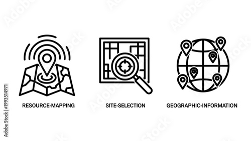 Geospatial mapping and data site selection icon set with geospatial location selection geographic information navigation analysis technology logistics planning coordinates business
