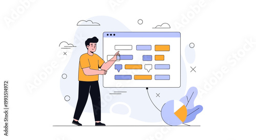 Man pointing at a digital dashboard with charts and graphs, business analytics concept