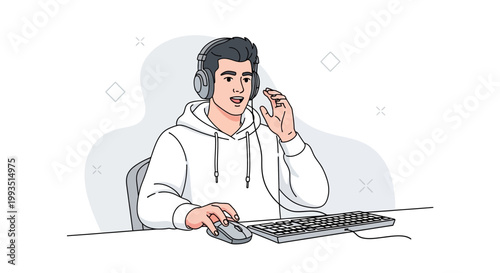Young Man with Headphones Playing Video Games on Computer