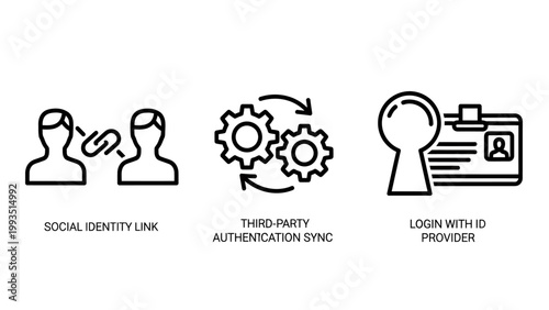 Social identity and data privacy icons with third party auto data sync and sign in credentials identity security credentials authentication connection technology information protection