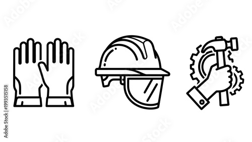 Construction industry safety and labor equipment icons with construction industry engineering protective maintenance workplace equipment professional protection manufacturing carpentry