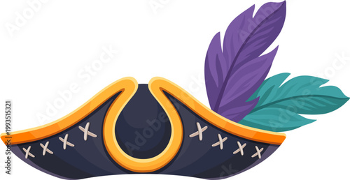 Cartoon pirate tricorn and corsair captain hat. Vector cocked hat. Swashbuckler captain headdress with purple and blue feathers. Caribbean sea sailor cap, filibuster historical costume accessory