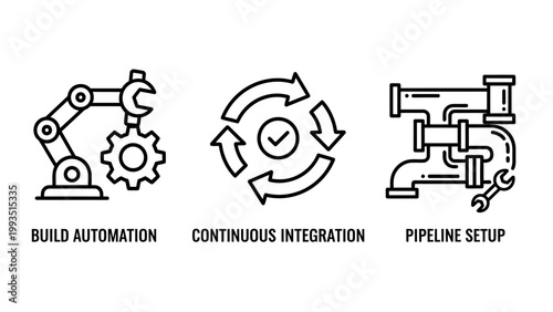 Software development build automation and ci cd pipeline icons with automation integration pipeline software development continuous deployment engineering technology programming workflow