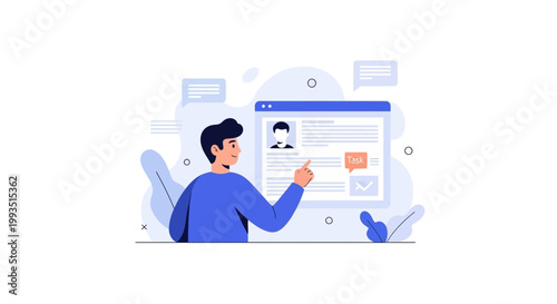 Man pointing at computer screen with task and checklist, online work concept