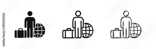 Person with Suitcase and World Globe Icon Set for Travel and Migration