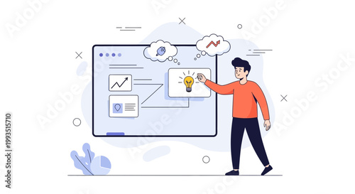 Man presenting business idea on whiteboard with charts and lightbulb icon