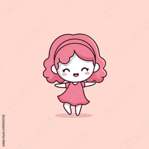 Cute Chibi Girl with Pink Hair and Dress Smiling Happily.