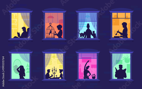 People life scenes in neighborhood night window. People cooking, dancing, reading newspaper, feeding birds, playing with cat, training. Vector home apartment building with evening routine silhouettes