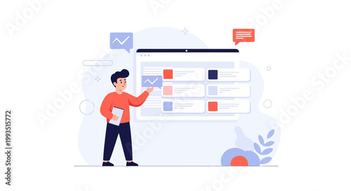 Man presenting data analytics on a digital dashboard, business presentation concept