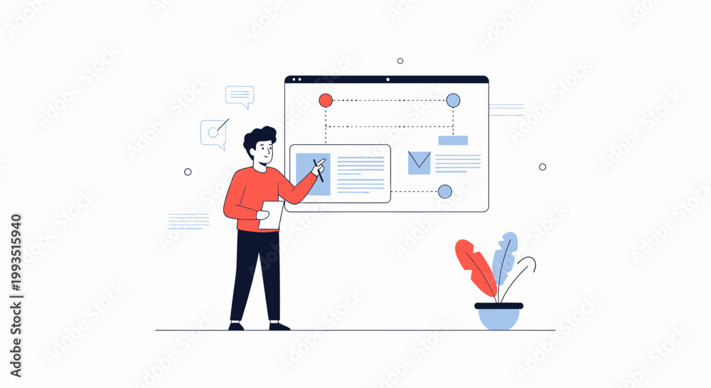 Obraz premium Man presenting flowchart on screen, business strategy, planning, workflow, modern illustration