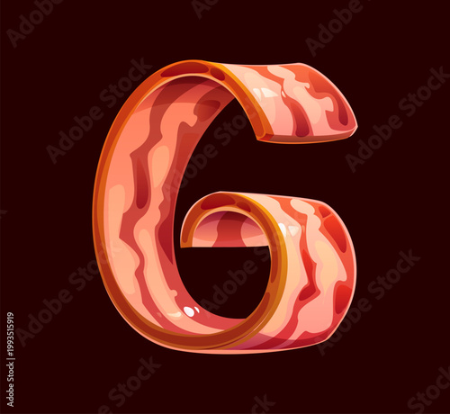 Cartoon letter G barbecue font as grilled bacon slice. Vector bbq alphabet, roasted meat type, juicy steak bold uppercase typeface. Decorative English abc character for restaurant menu, barbeque party