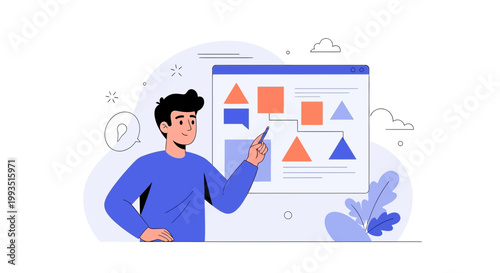 Man presenting flowchart on screen, idea generation, business strategy, teamwork, planning