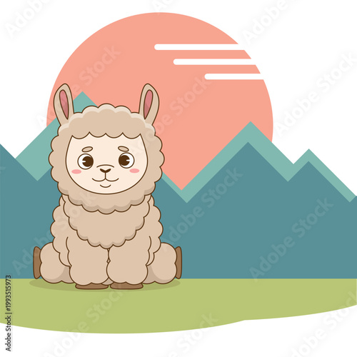 Cute cartoon Baby Alpaca in Mountain Sunset vector illustration