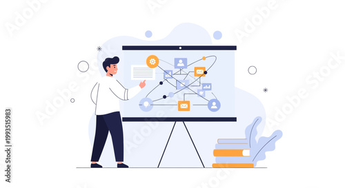 Man presenting flowchart on whiteboard, business strategy and planning concept