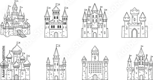 Black and white illustrated medieval castles with towers turrets battlements flags drawbridges keeps domed roofs fantasy fortress architecture artwork scene