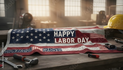 Flag Themed Labor Day Scene in Industrial Workshop