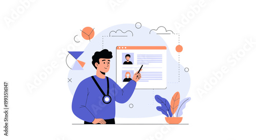 Man presenting profile list on screen, online recruitment concept