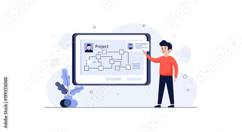 Man presenting project flowchart on digital screen, business strategy planning, team management