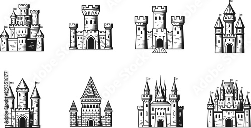 Black and white illustrated medieval castles with towers turrets battlements flags arched entrances fantasy fortress architecture creative artwork scene