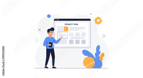 Man presenting project tasks on a digital screen with flowchart