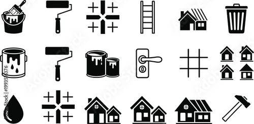 Home renovation and construction icon set featuring painting tools houses repair elements and building symbols flat vector illustration